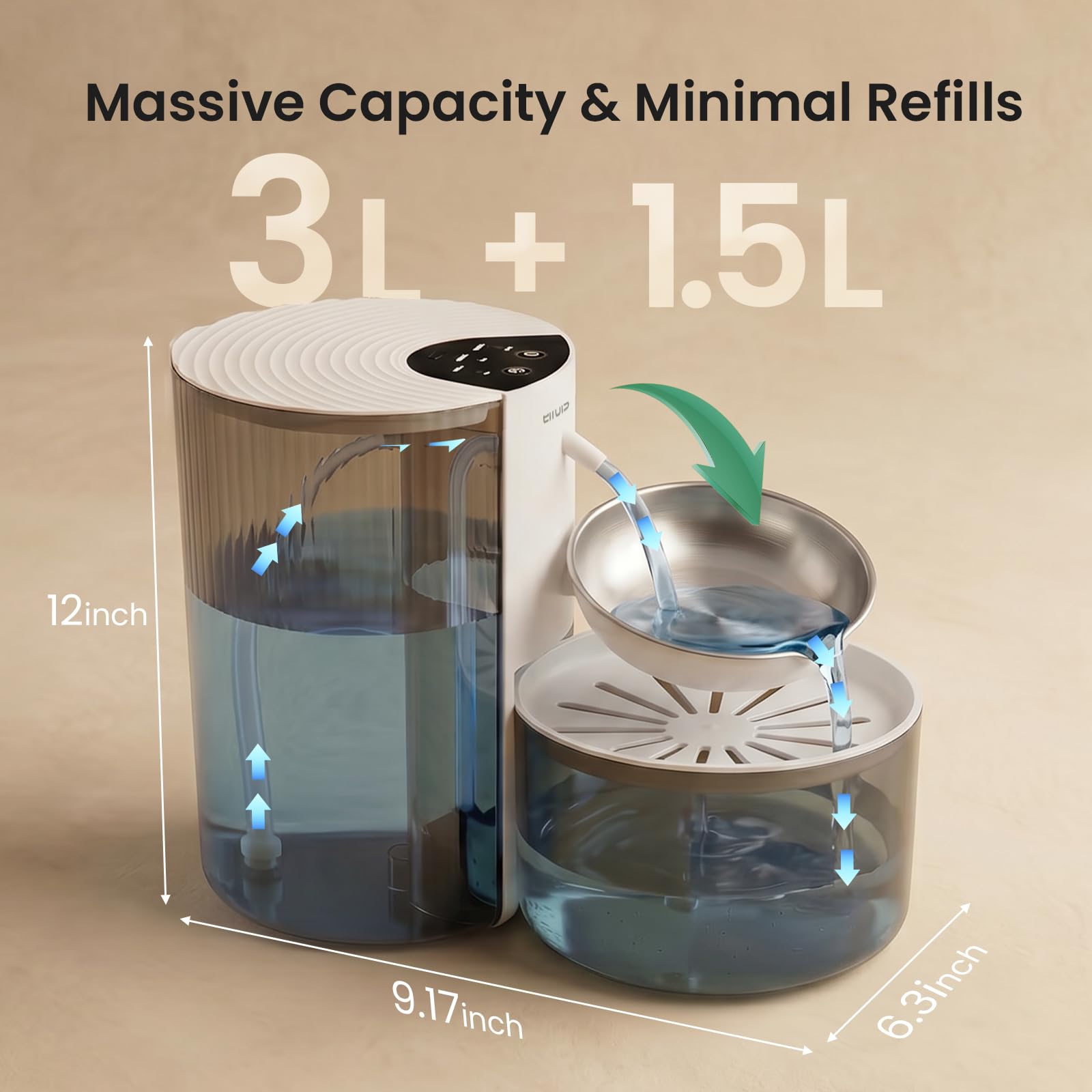 Fuente de agua para gatos sin filtro, dispensador de agua recargable inalámbrico para mascotas con gran capacidad de 3 litros, tanques de agua limpios y sucios, cuenco de acero inoxidable para