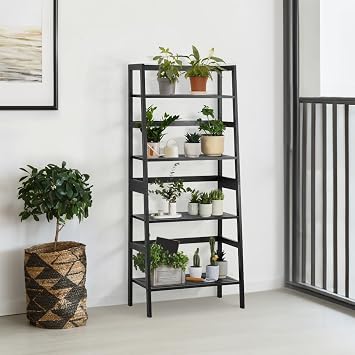 CAPHAUS Ladder Shelf,4-Tier Ladder Bookshelf, Multifunctional Storage Rack,Freestanding Plant Standing Display Bamboo Stand, for Living Room,Home Office,Bedroom,Kitchen,Bathroom, Black