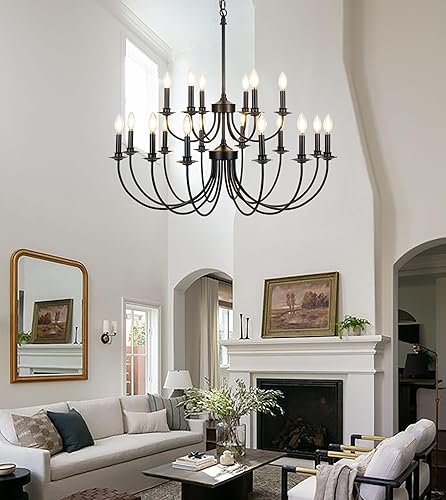 Miniatura 2 de Lámpara de araña vintage de granja negra de 2 niveles, estilo rústico retro, estilo campestre, industrial, grande, redonda