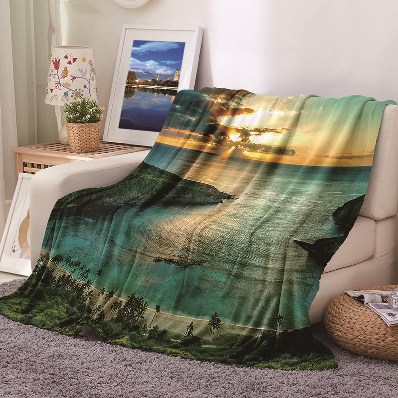 Couverture polaire en flannel haut de gamme design mer et soleil