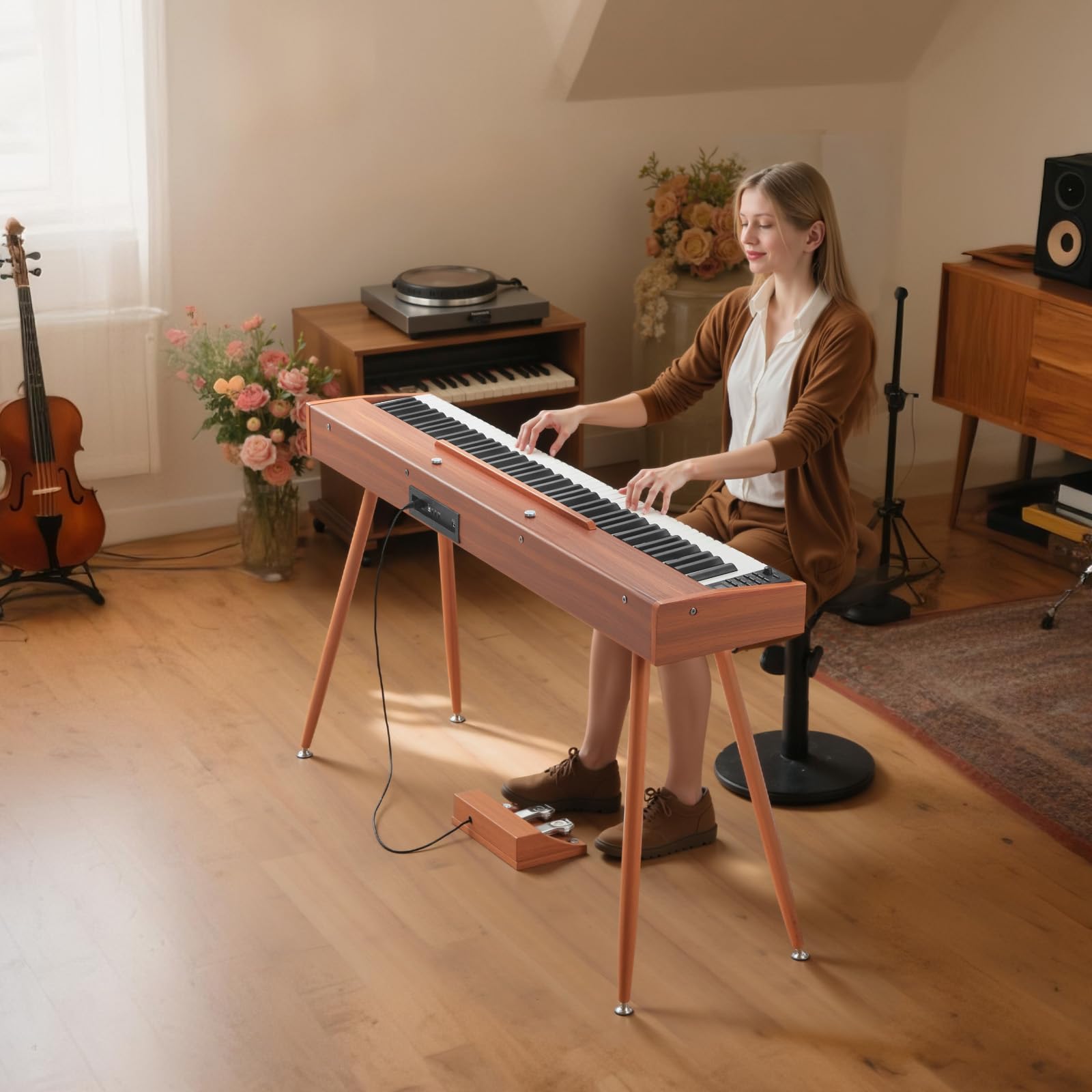 VEVOR Piano Digital de 88 Teclas, con Teclado Dual y Altavoces, con Atril, Pedal Sustain, 280 Tonos, Conexión Inalámbrica, Control Preciso, para Principiantes, Color Madera, 1330 x 300 x 900 mm