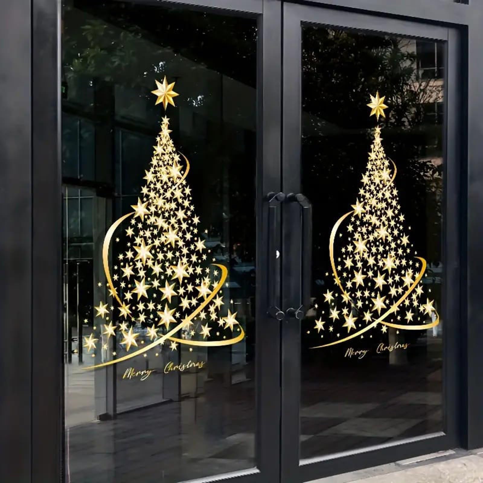 Autocollants fenêtre de Nouvel An sapin de Noël doré Merry Christmas x2
