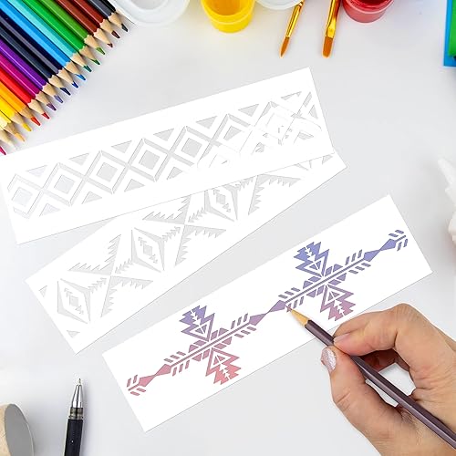 Miniatura 3 de Keluna Plantillas aztecas para pintar, 12 plantillas de patrón de bordes bohemios para pintar, plantillas reutilizables para pintar en pared de