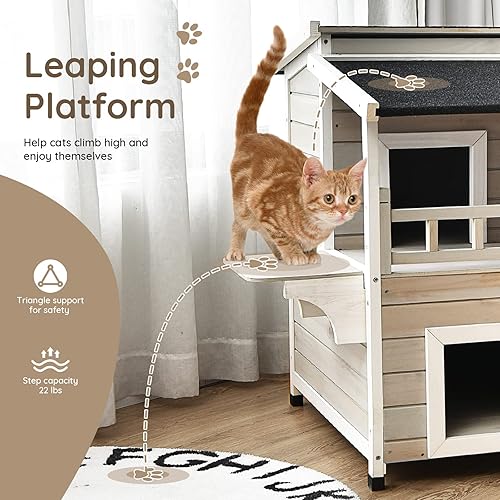 Miniatura 4 de PETSITE Casa para gatos al aire libre de 2 pisos, resistente a la intemperie, refugio de madera para gatos múltiples