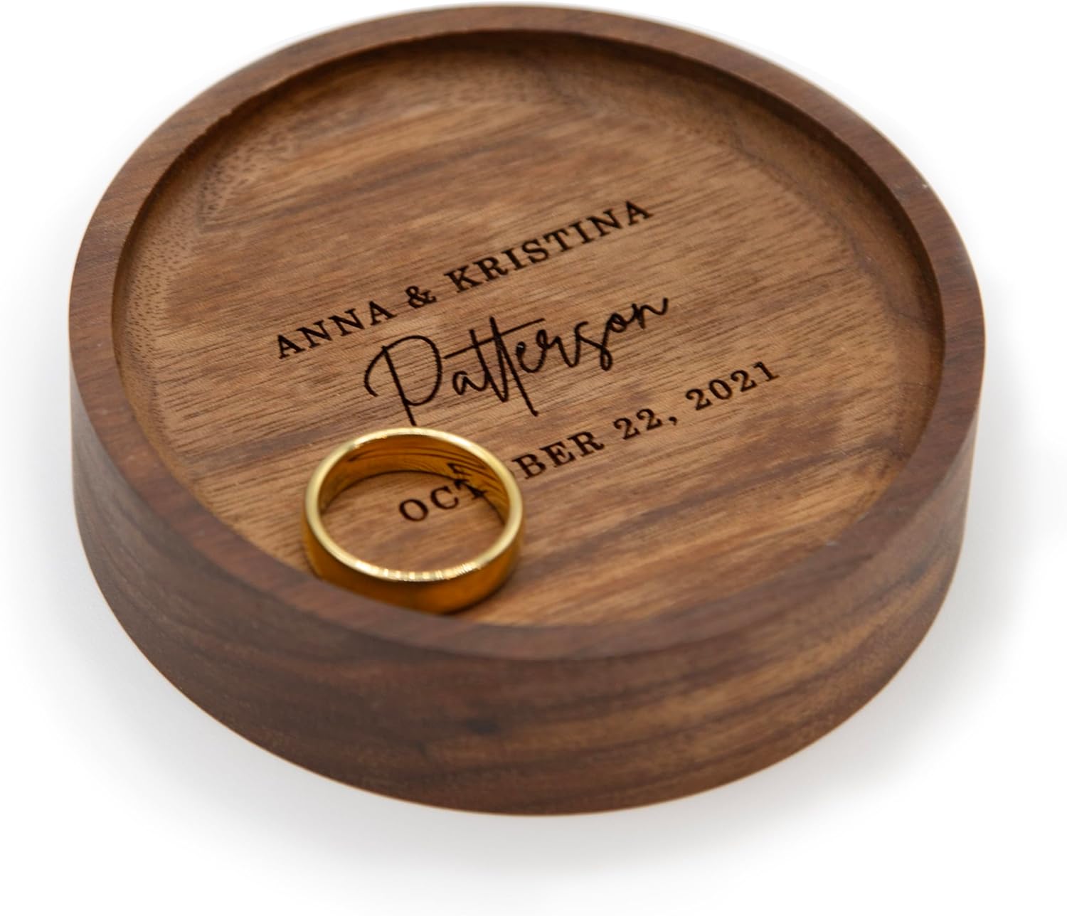 MUUJEE Personalized Walnut Wood Round Ring Tray Dish Jewelry Organizer for Small Items Bracelets Christmas Holiday Engagement Anniversary Wedding Gift for Newlywed Married Couples Women