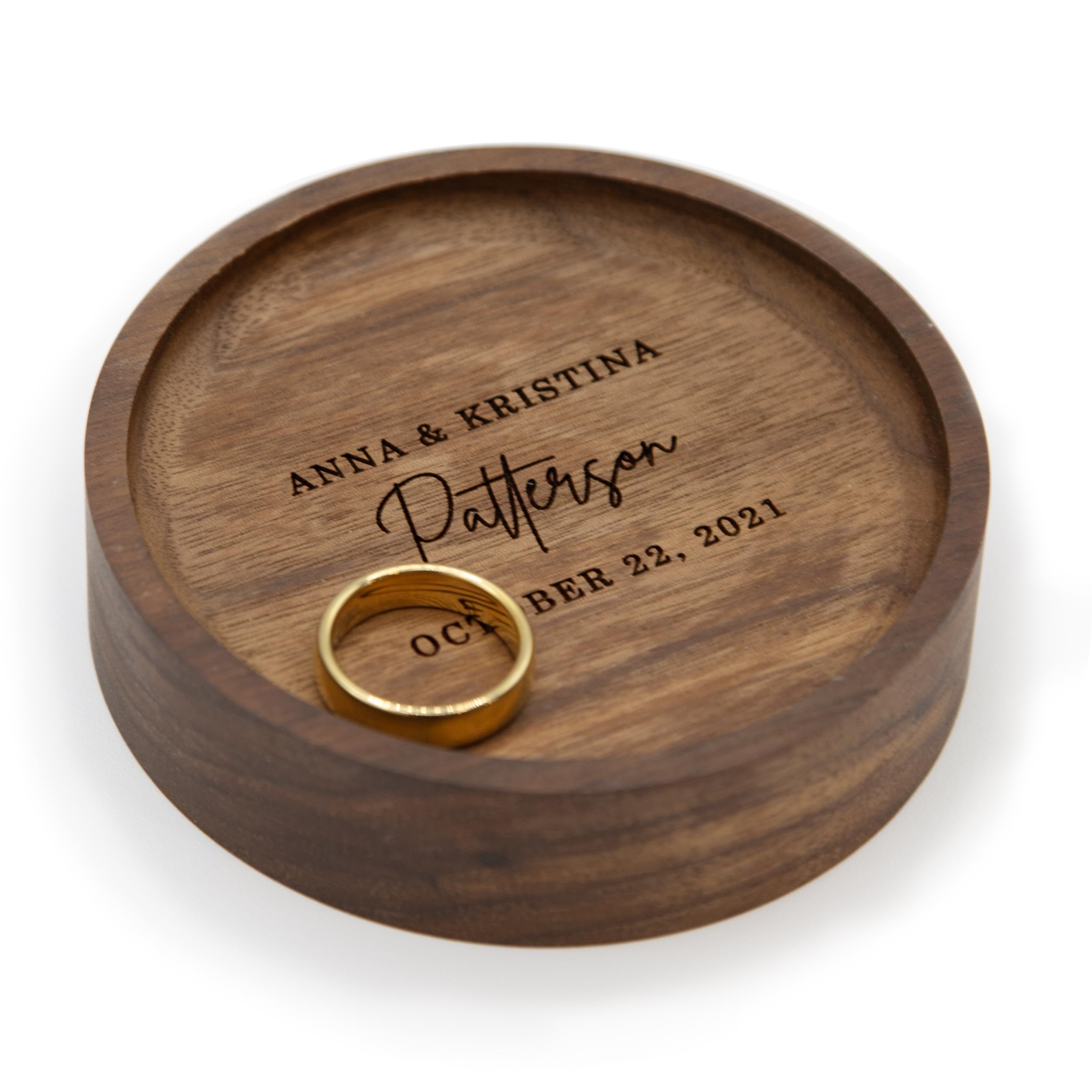 MUUJEE Personalized Walnut Wood Round Ring Tray Dish Jewelry Organizer for Small Items Bracelets Christmas Holiday Engagement Anniversary Wedding Gift