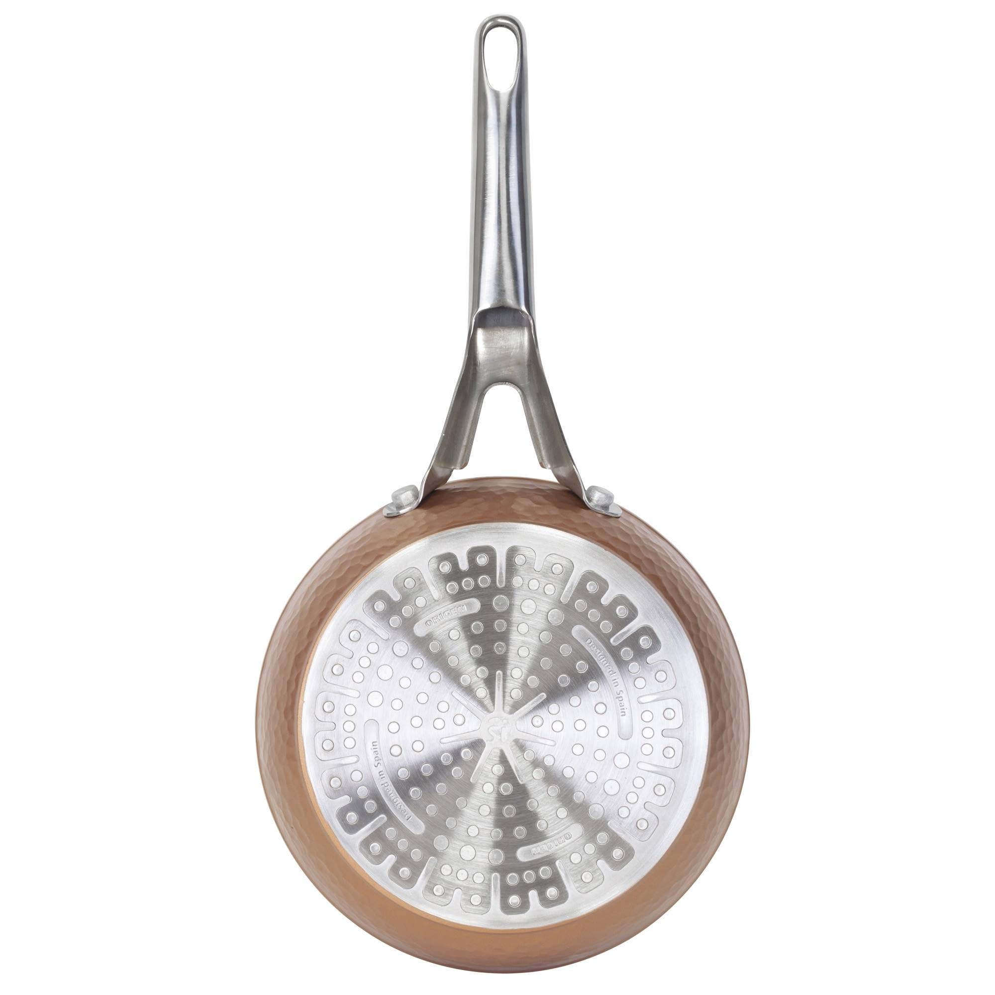 Colección Origen: set de Cacerola con tapa de vidrio, 20 cm, con Plancha asador/grill 45 cm, y Sartén 28 cm, aluminio forjado, aptas para inducción