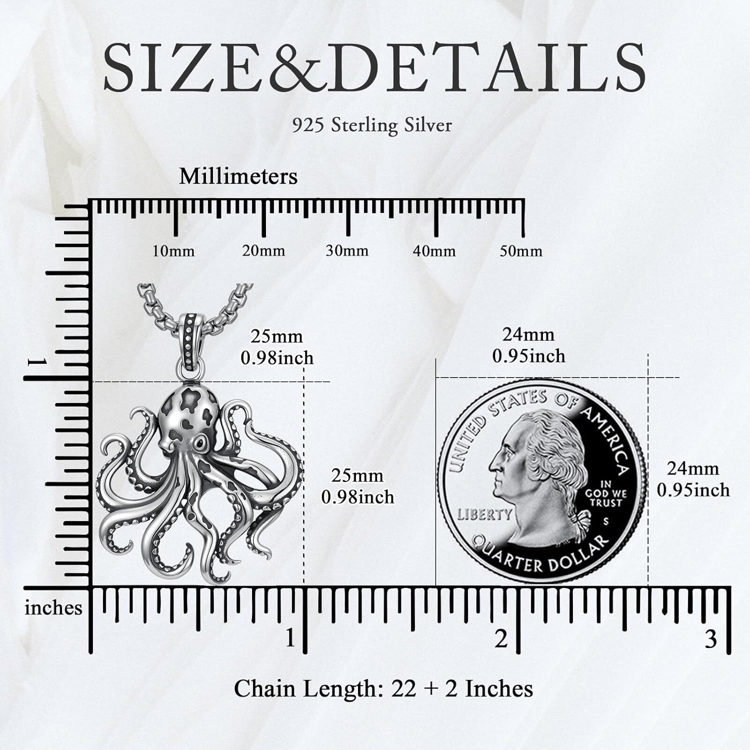 Octopus Necklace 925 Sterling Silver Octopus Pendant Jewelry for Men, w/Stainless Steel Chain 22''+2'' - Image 4