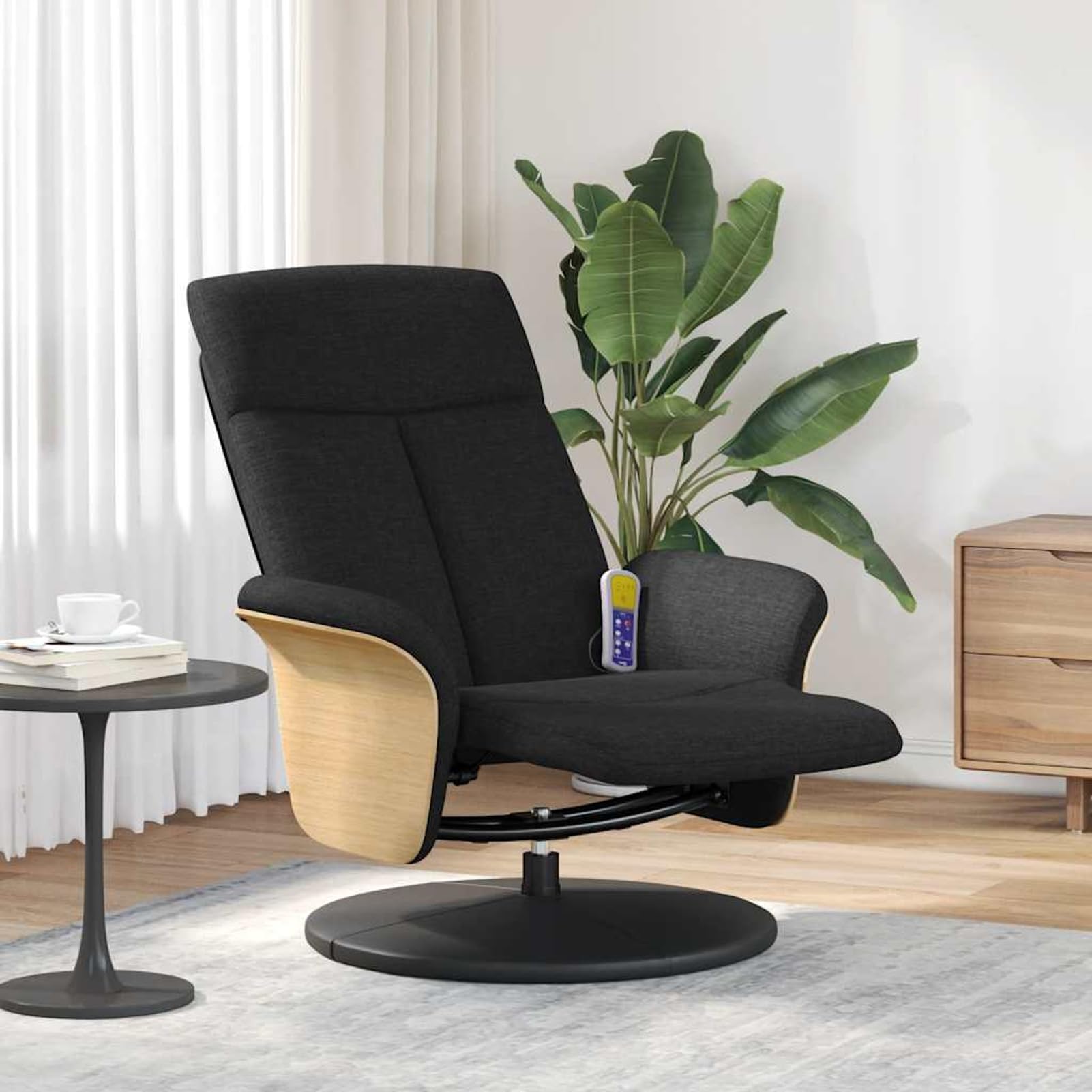 Fotel do masażu z podnóżkiem, ergonomiczne siedzisko z obrotowym cokołem 360°, materiał (100% poliester), czarny, 79 x 128 x 95 cm (pozycja leżąca), dla dorosłych