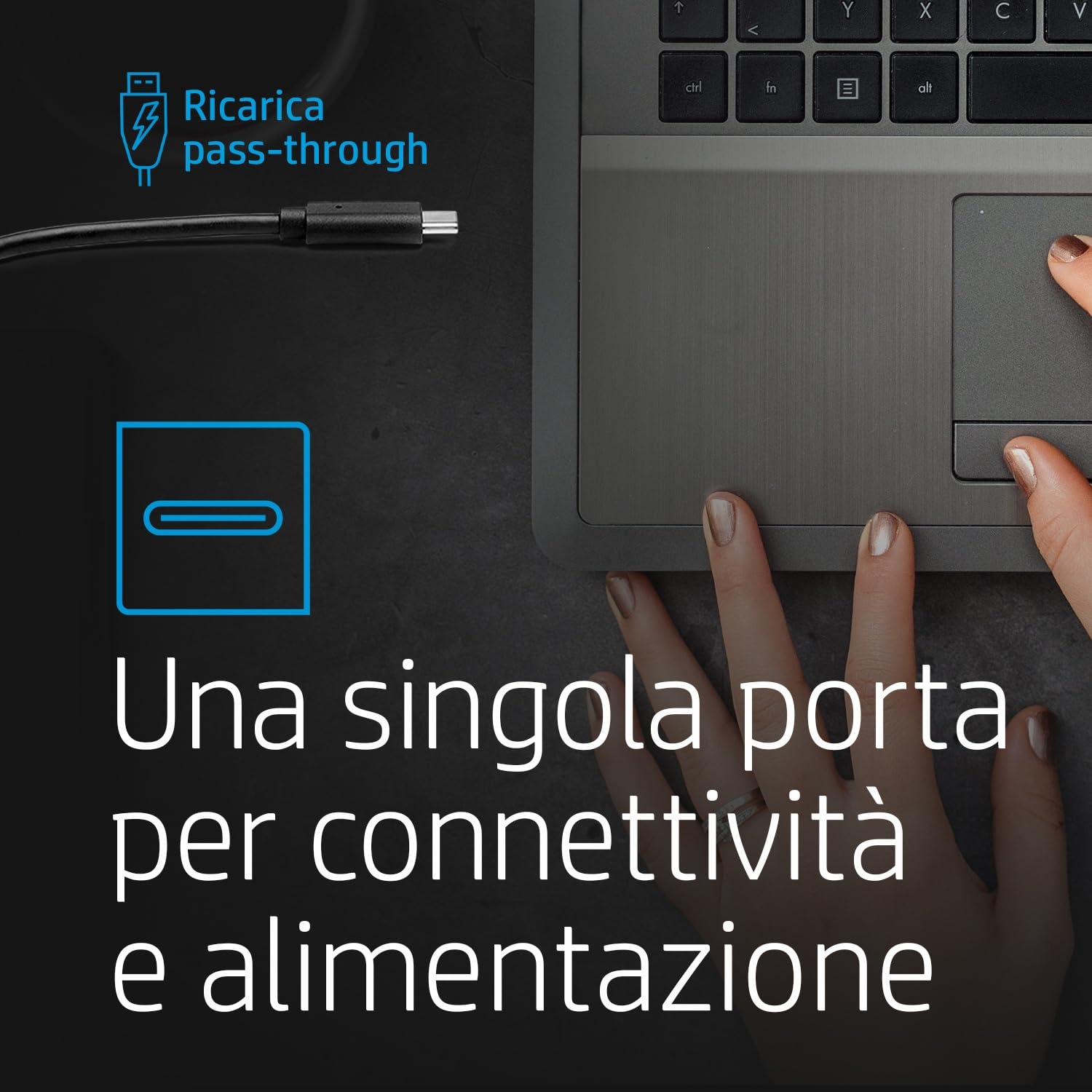 HP Hub Multi porta USB-C da Viaggio, Compatibile con PC dotati di Porta USB-C, Power Delivery e DisplayPort, Nero