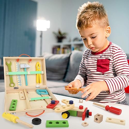 Miniatura 3 de Aomola Kit de herramientas para niños, juego de herramientas de madera con herramientas coloridas, juguetes de simulación, regalos para niños