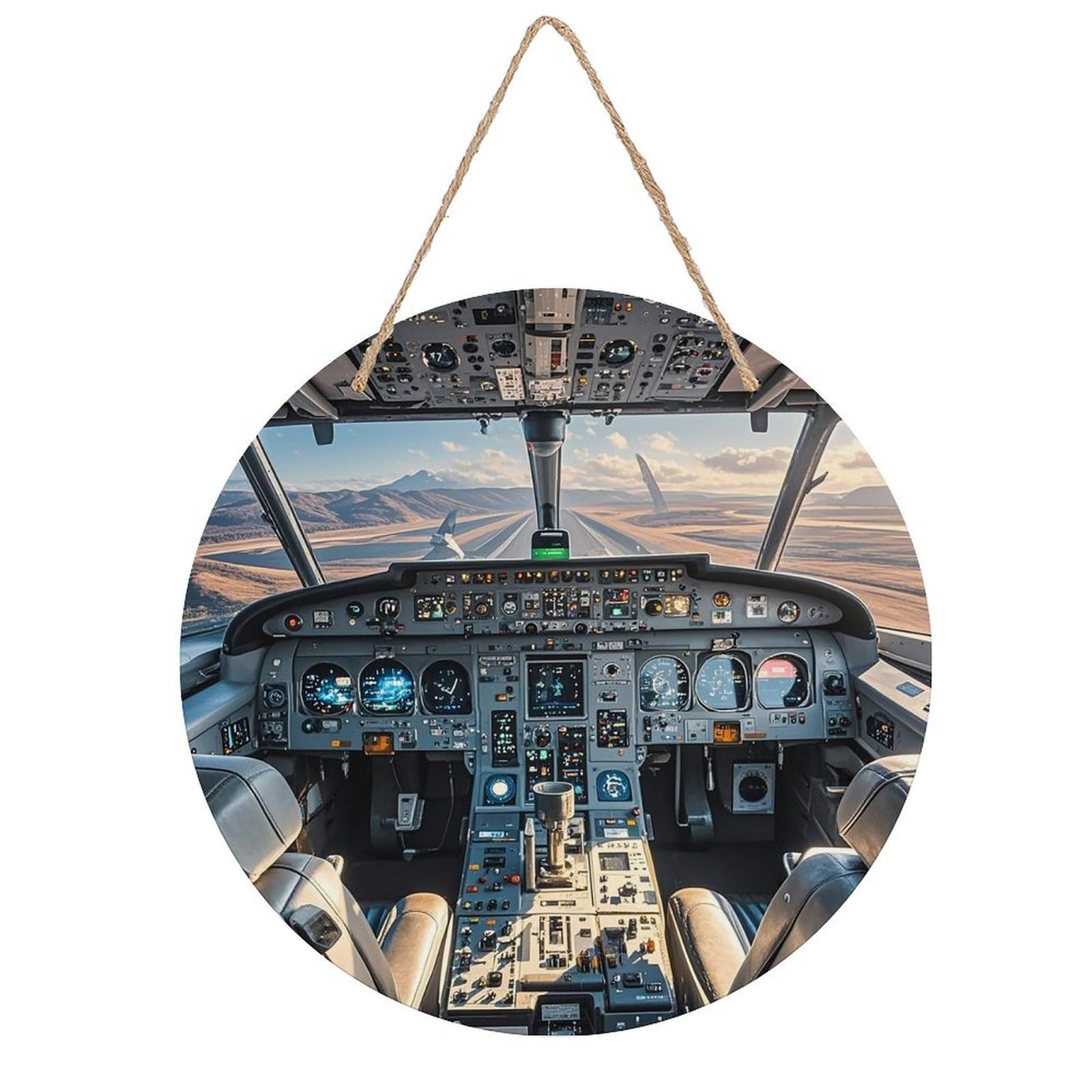 FekiLoot Round Airplane Cockpit Wall Art Decor Painting Wooden Hanging Sign with Ropes Bohemian Wall Hanging Retro Mid Century Modern Wall Art for Home Bedroom Living Room 7.9x7.9 in