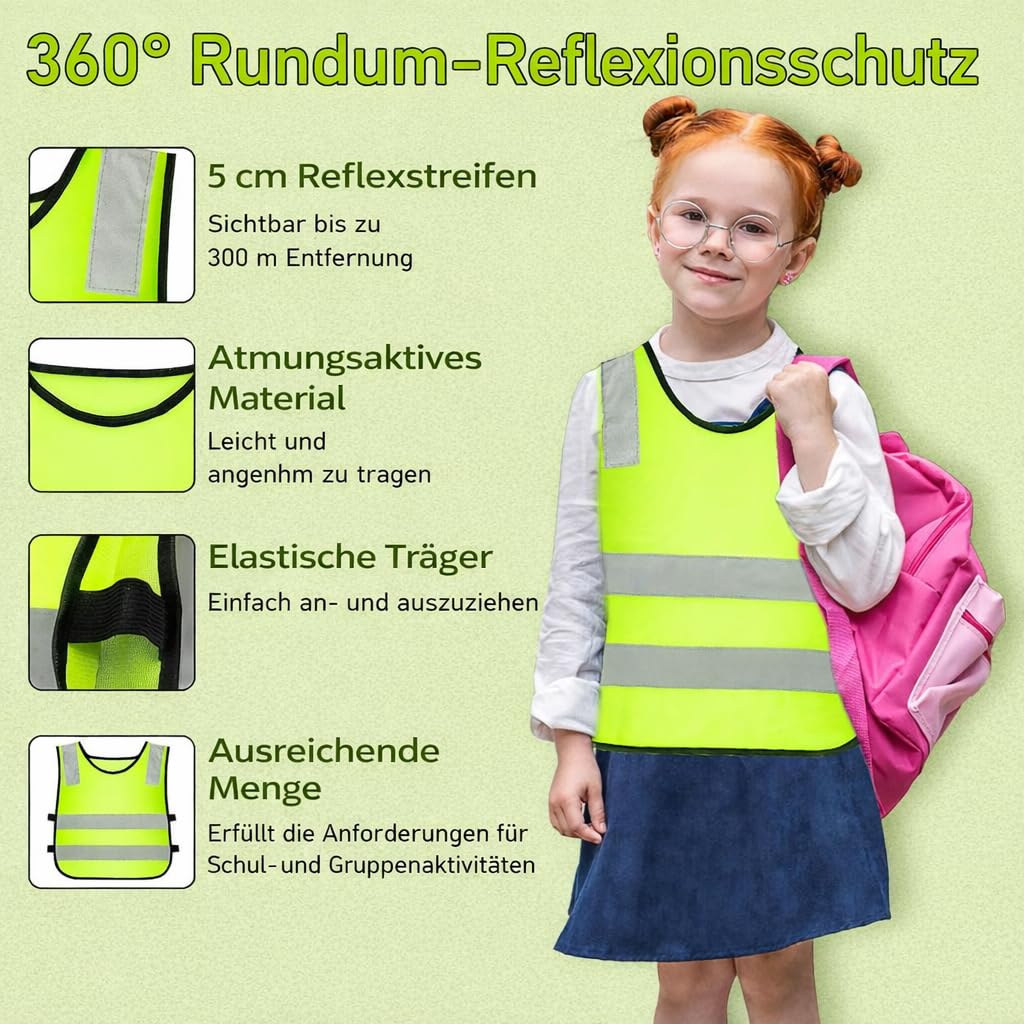 20 Stück Kinder Warnwesten Set, Kinder Reflektierende Sicherheitswesten Warnweste Fahrrad Hohe Sichtbarkeit für Kinder beim Radfahren, Schulweg, Laufen, Skifahren