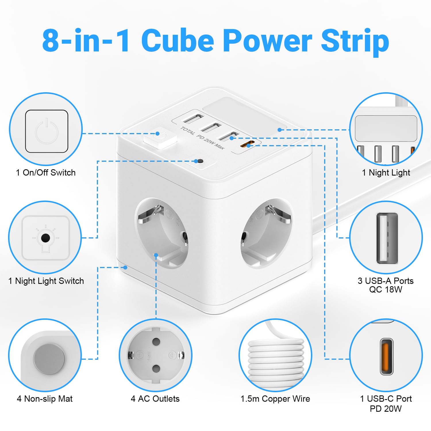 Ladron Enchufes USB C 20W con 4 Tomas, Cubo Regleta Enchufes 1.5 Cable con 1 USB C y 3 USB A, Enchufe Múltiple con Interruptor y luz Nocturna para Viajes, Cocina, Oficina — view 4