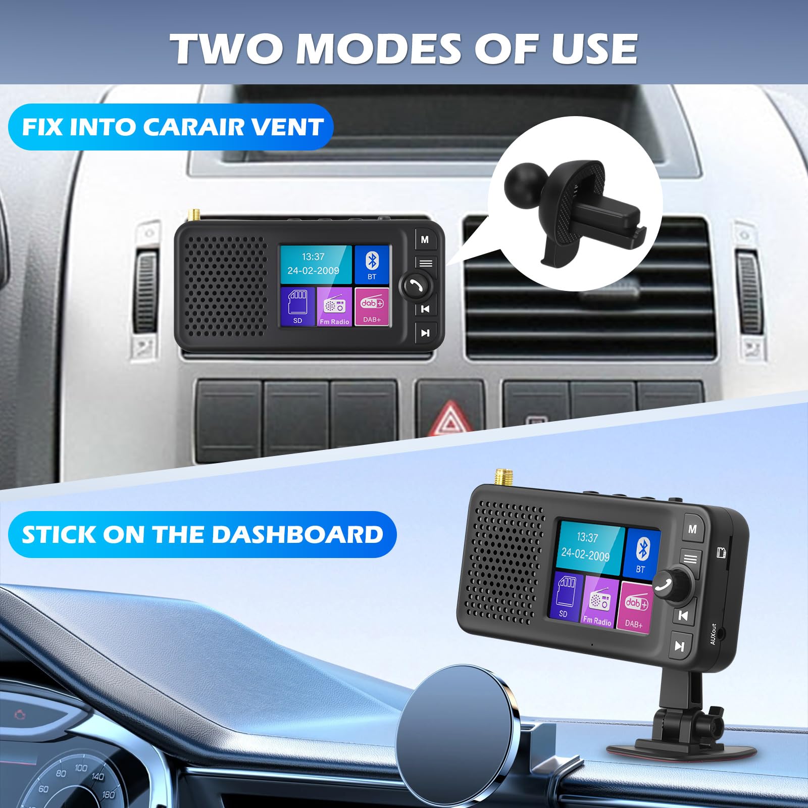 Adapter samochodowy DAB/DAB+ z akumulatorem, 2,4-calowy kolorowy wyświetlacz LCD, transmisja FM i Bluetooth, wyjście AUX i obsługa kart TF, wbudowany głośnik