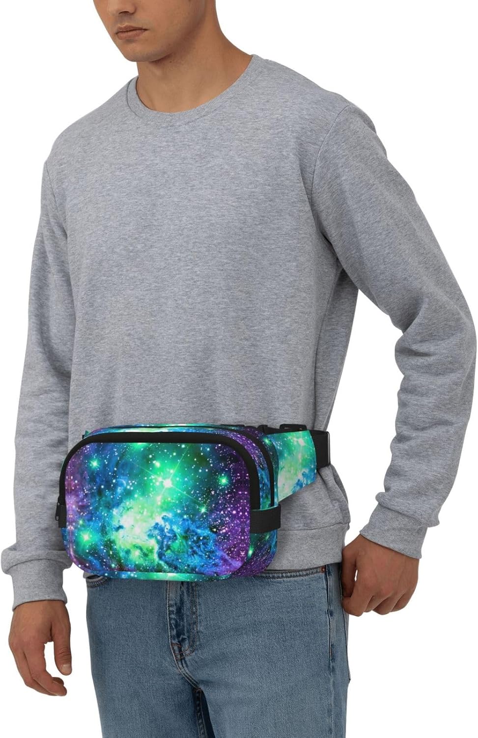 Green Blue Purple Galaxy Print Fashion Waist Packs Square Layer Waist Bag Black Belt Bag with Adjustable Strap