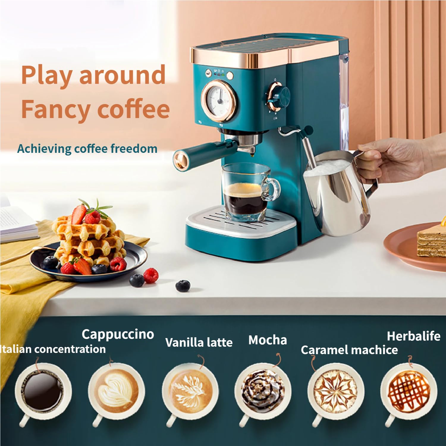 Ekspres do kawy espresso, ekspres do kawy ziarnistej z funkcją spieniania mleka parą, ciśnienie 20 barów, zbiornik na wodę 1,2 L, ekspres do cappuccino do użytku domowego
