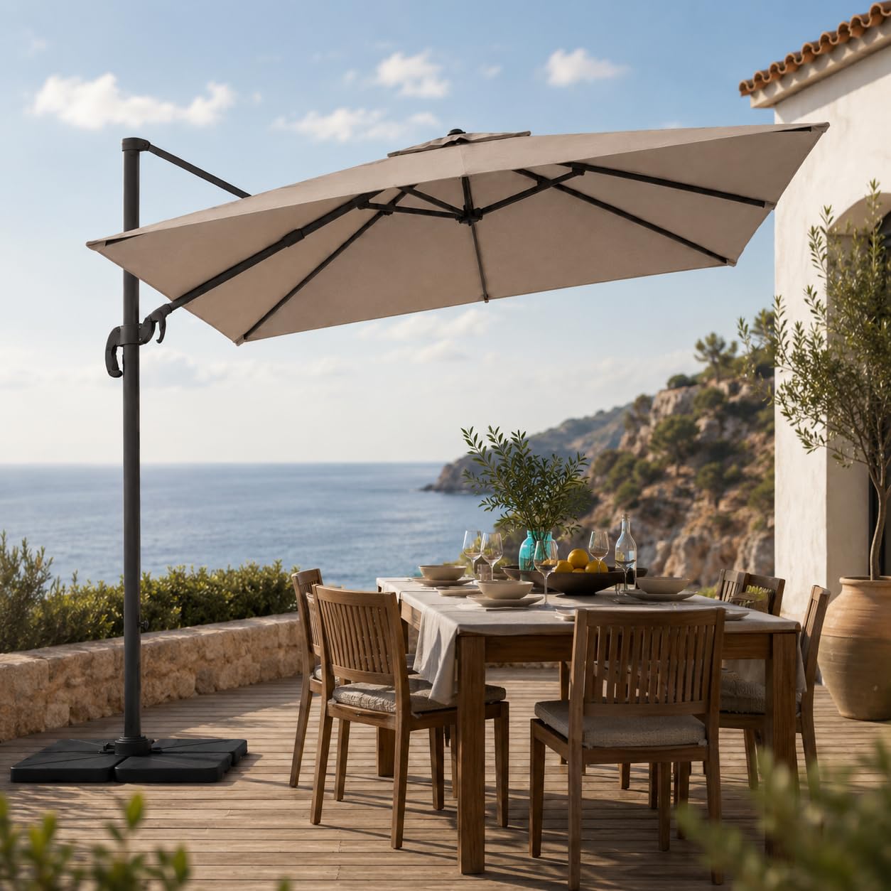 Ombrellone 3x3 M Giardino Braccio Retrattile Per Esterni Piscina Gazebo Terrazze Bar Hotel In Acciaio Inossidabile Braccio Rotabile 360° Telo 180 g/m2 Impermeabile Resistente Ai Raggi UV Tortora