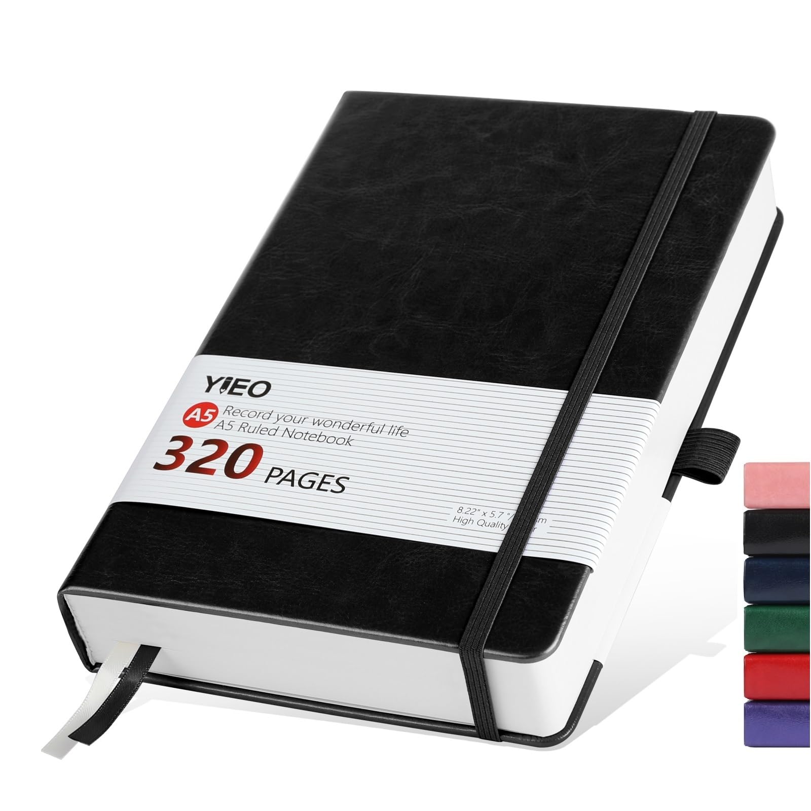 Notebook A5, Hardback A5 Notebook Thick Journal Notebook 320 Pages 100GSM A5 Lined Note Book Hardcover Notepad with Inner Pocket, Pen Loop, Elastic Closure and 2 Ribbon Page Marker,14.5 x 21cm-Black — image 1