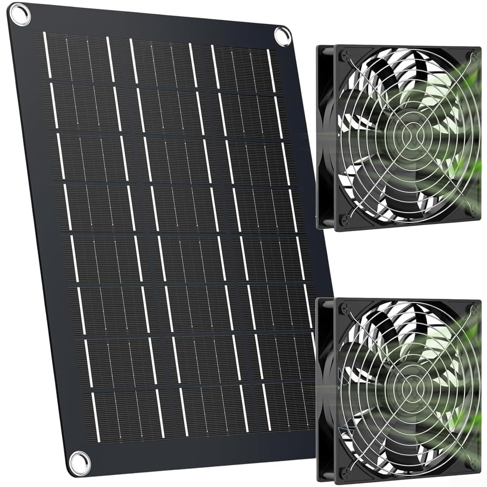 Kit de ventilador dual alimentado por energía solar de 15 W, IP65 impermeable 2600 RPM alta ventilación para invernadero cobertizo casa de mascotas, panel de silicona monocristalina con 2 ventiladores