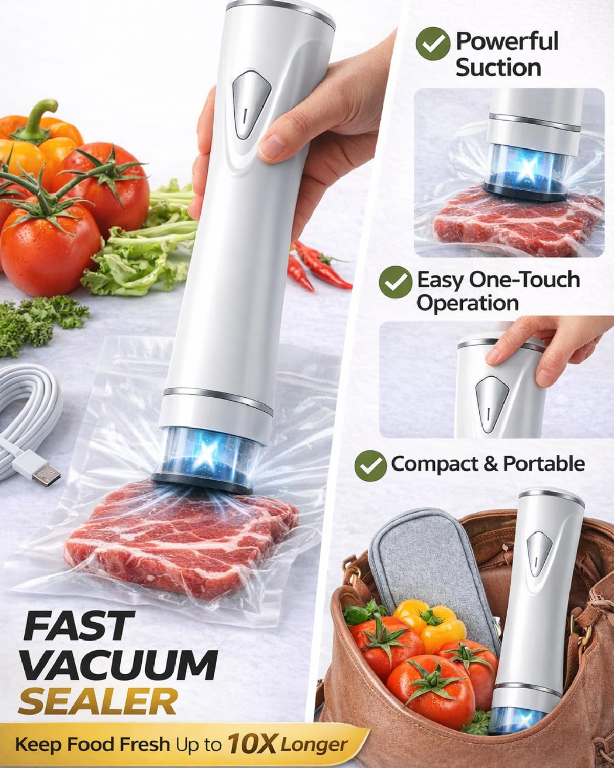 Sellador al vacío de mano para alimentos con tanque de agua visible, máquina selladora al vacío inalámbrica compacta con 30 bolsas de vacío reutilizables para 10 veces más conservación y