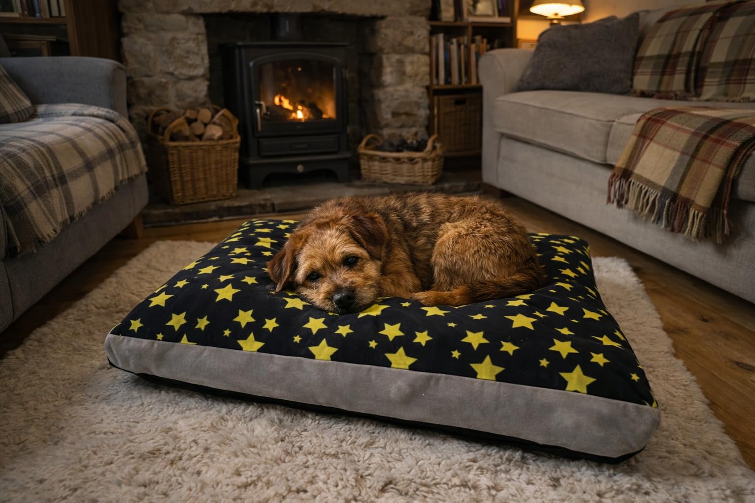 Hometex Luxury Dog Bed Box Pillow, Washable Cover - Stars Black (Small)