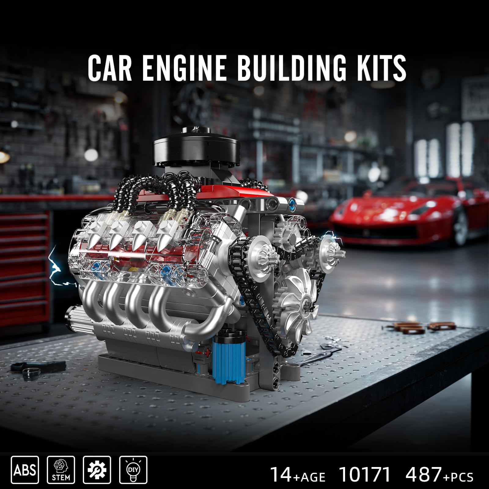 Mould King 10171 Tecnología V8 Motor Bloques de Construcción Juguete, 487 Piezas Motor Bloques de Enganche Kit de Construcción Kit de Construcción Regalo para Adultos