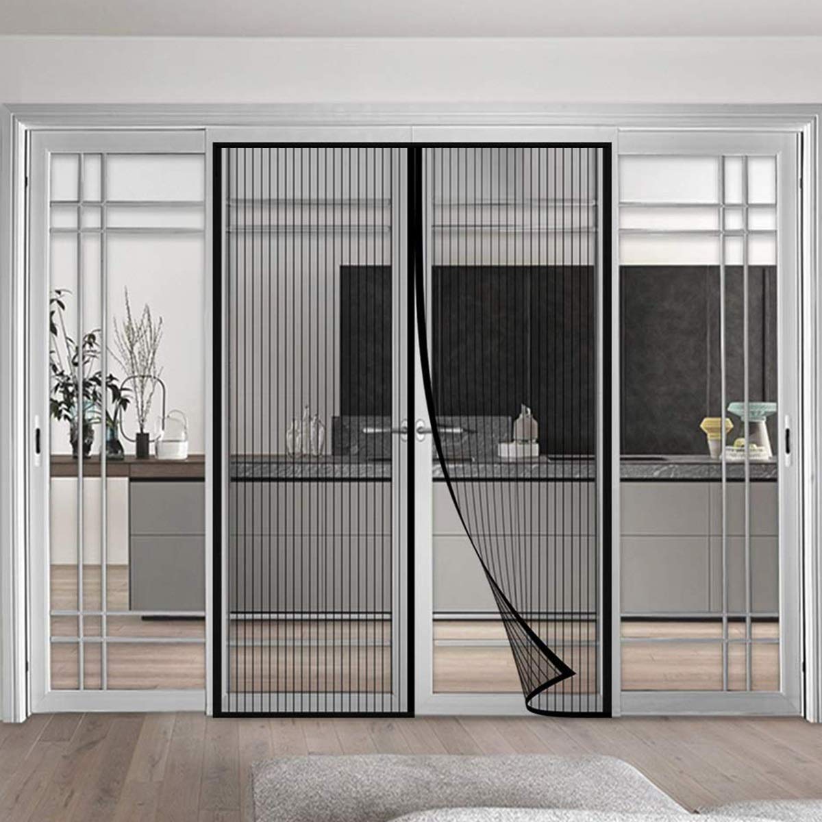 Fliegengitter Schiebetür 140x220cm Insektenschutz Fliegennetz Magnetverschluss faltbar für Balkontür Wohnzimmer Terrassentür, Schwarz