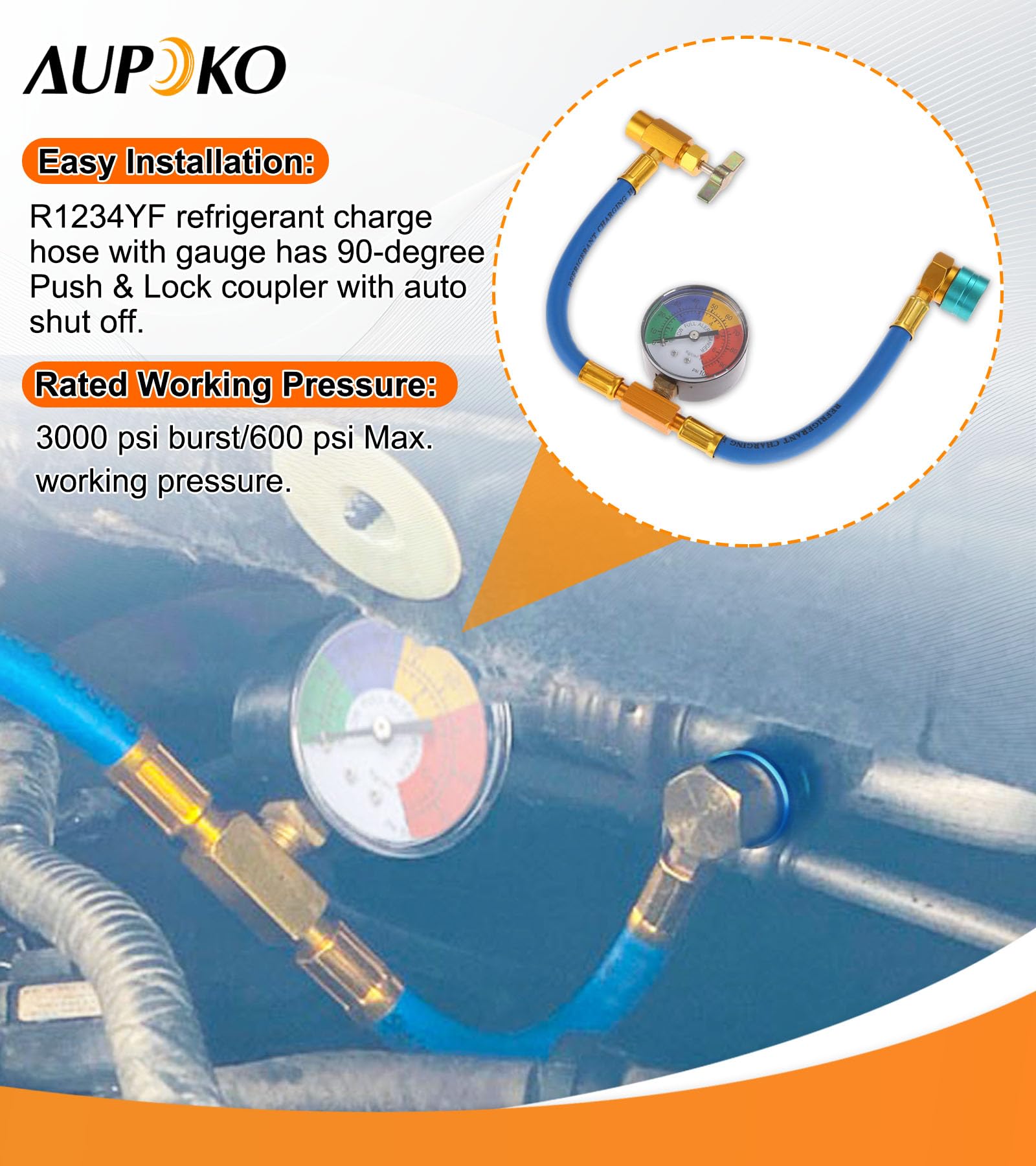 Aupoko R1234YF R1234YF - Kit per tubo di ricarica refrigerante Acme a sinistra per auto e casa A/C Refrigerant System R1234YF Low Side Quick Coupler e manometro per auto e casa A/C Refrigerant System