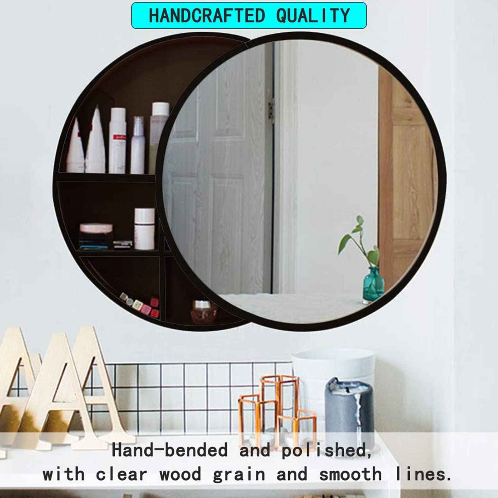Espejo Colgante Redondo, Mueble con Espejo para baño con función de Almacenamiento, Espejo Redondo para baño, Dormitorio, Sala de Estar, Entrada