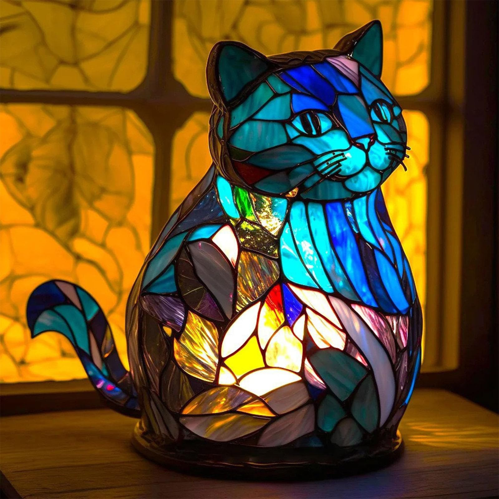 Stained Dog Lamp, Dogs Stained Resin Tabletop Night Light with Stained Glass Glow, USB Powered for Bedrooms, Desks and Living Rooms(Cat)