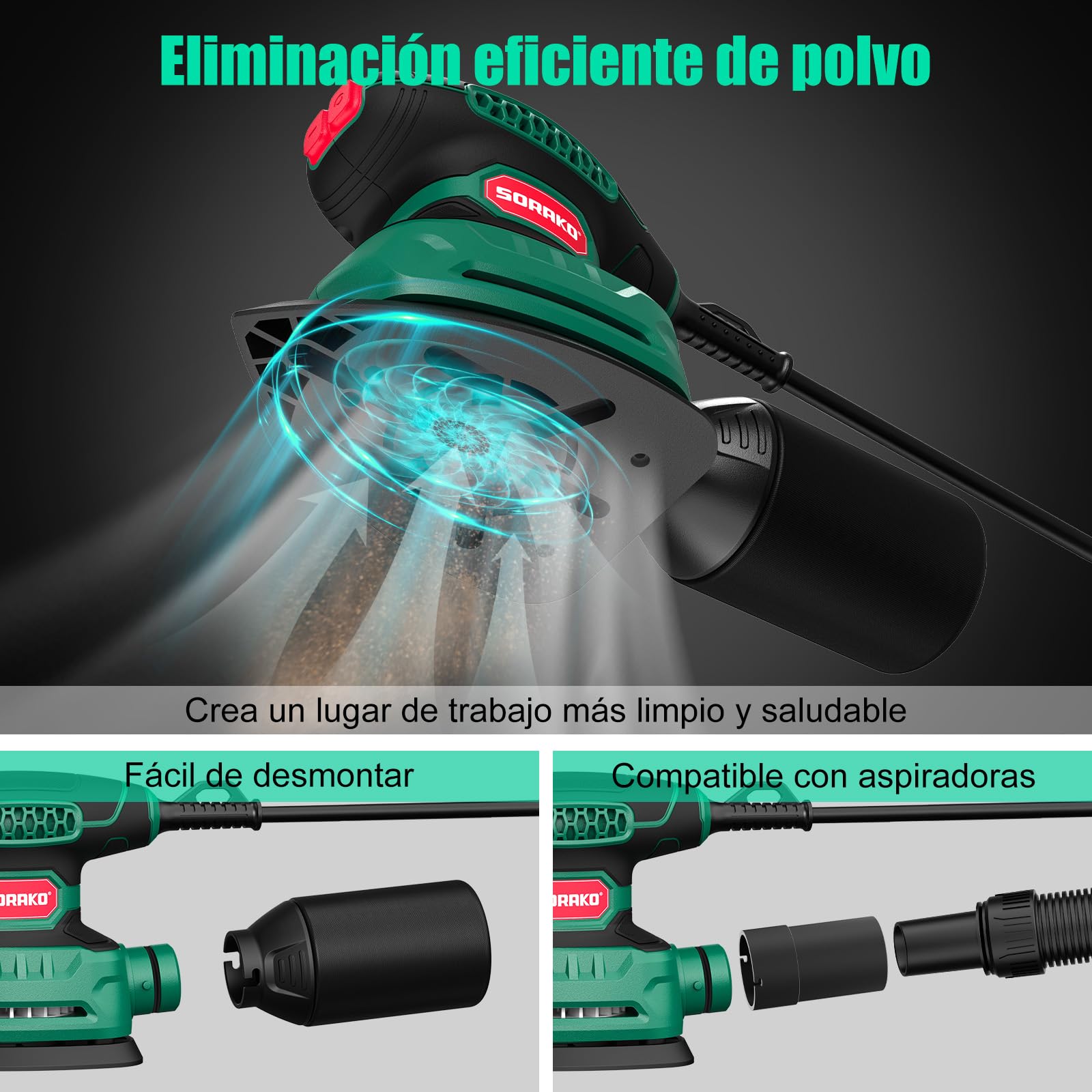 SORAKO Lijadora Madera 220W 14000 OPM Lijadora Electrica Con Bolsa Para Polvo Y 16 Hojas De Lija, Ideal Para Lijar Superficies De Madera Y Acero En Espacios Reducidos