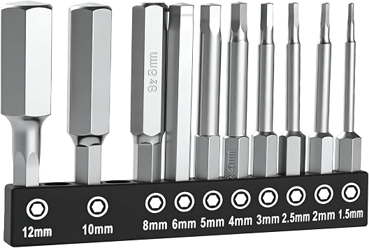 10 Piece Metric Hex Bit Set, 1.5-12mm Chrome Plated Allen Key Bits, 60mm Long Hex Screwdriver Bits for Power Tools, Bike, Motorcycle & Furniture Assembly