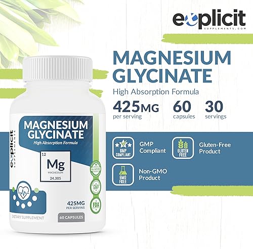 Miniatura 4 de Glicinato de magnesio puro 425 mg, 100% quelado, 60 cápsulas  Fabricado en Estados Unidos  1 mes