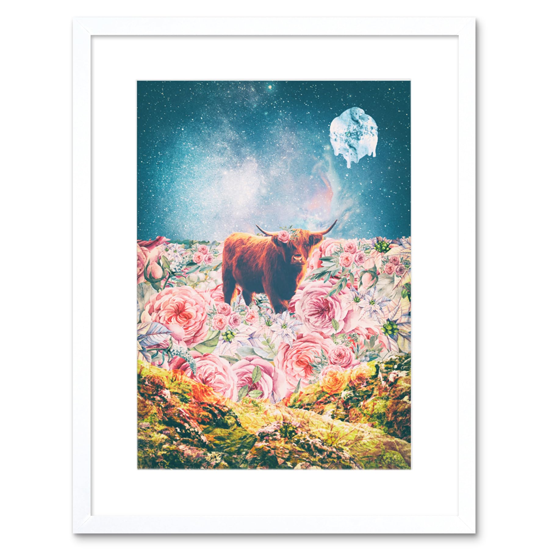 Wee Blue Coo Scottish Highland Hairy Coo Trippy Psychedelic Landscape Space Framed Art Print