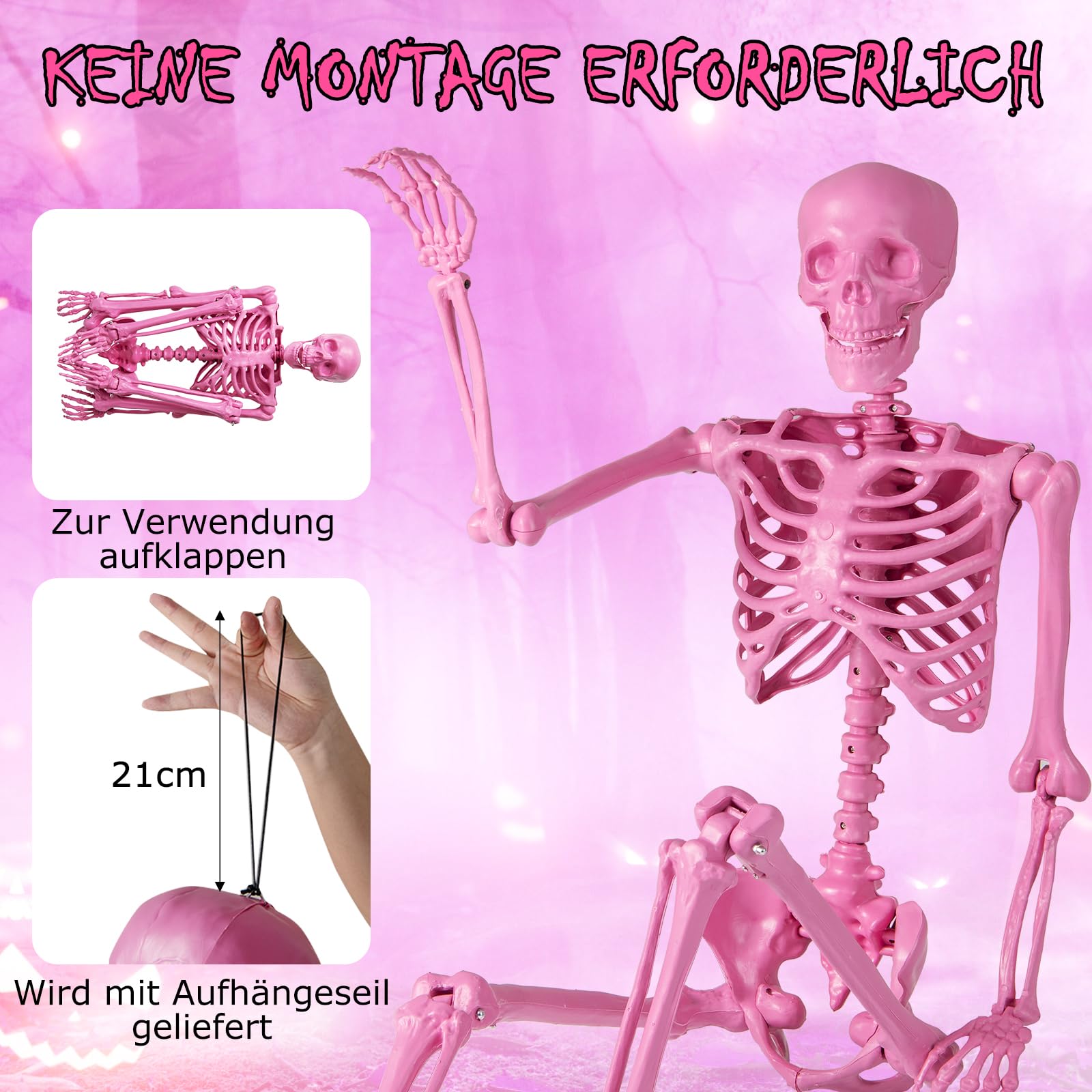 GYMAX 160 cm Halloween Skelett, lebensgroßes Bewegliches Skelett mit 8 Gelenken, Halloween Deko für Innen & Außen, als Skelett-Dekoration für Friedhofspartys & Spukhaus-Partys (Rosa)