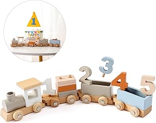 Wooden Train Toy for Toddlers 1-3-Wooden Train Set for Baby Boy Girl Birthday Gift, Baby Wooden Train Cars Toy with Numbers and Sorting Stacking Toys, Birthday Party Decor for Toddlers Boy Girl