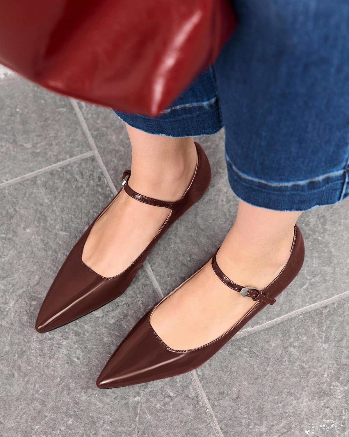 Coutgo Womens Mary Jane Flats Closed Pointed Toe Ballet Flats Ankle Strap Work Dress Shoes