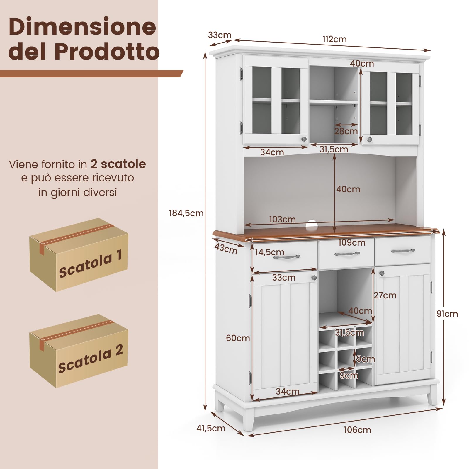COSTWAY Credenza Alta Cucina, Armadietto Dispensa da Cucina con Portabottiglie, Ripiani Regolabili e 3 Cassetti, per Soggiorno e Sala da Pranzo, 106,5 x 42 x 184 cm (Bianco)