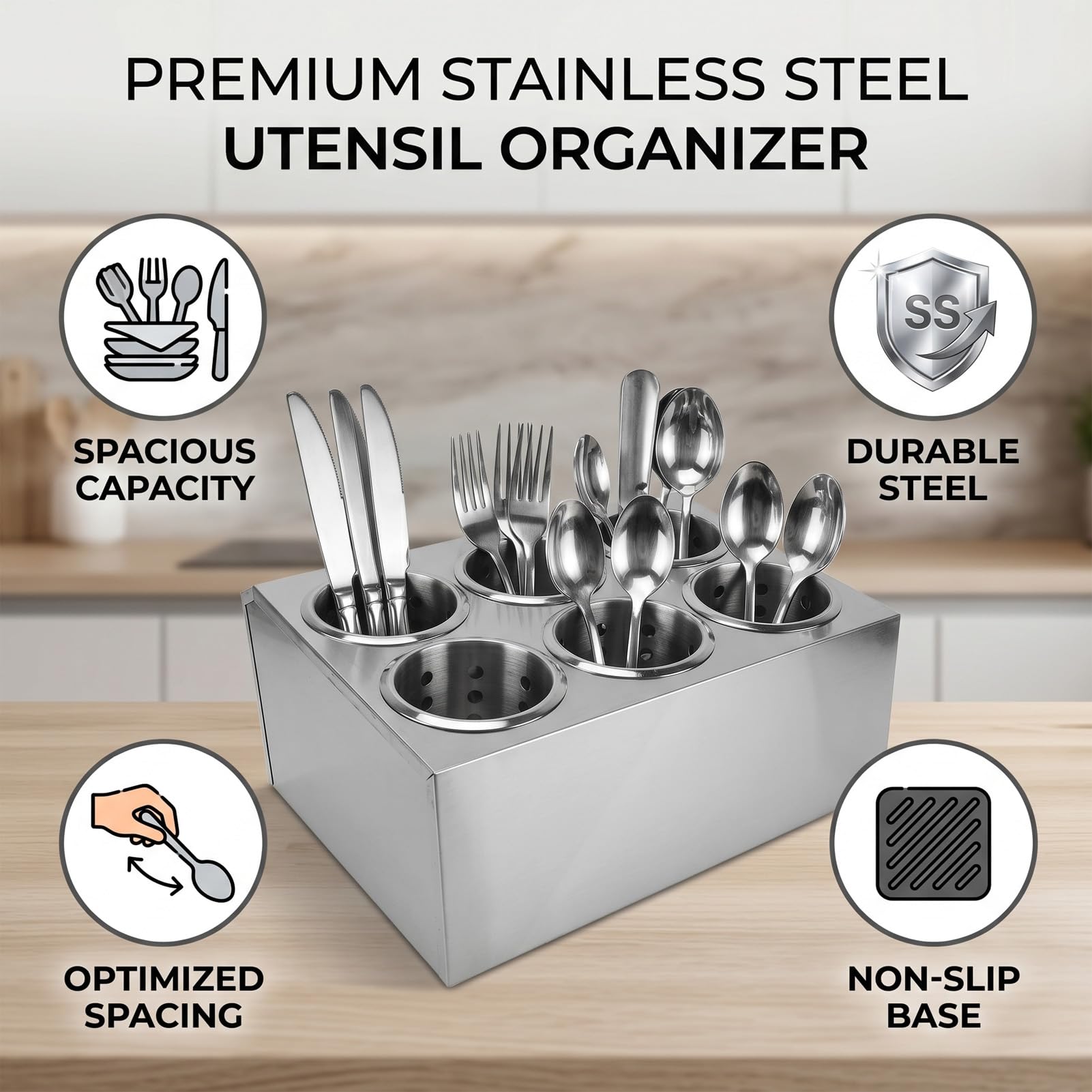 Utensilienhalter aus Edelstahl mit 6 Fächern und Luftzirkulierendem Design für den Organizer auf der Küchenarbeitsplatte