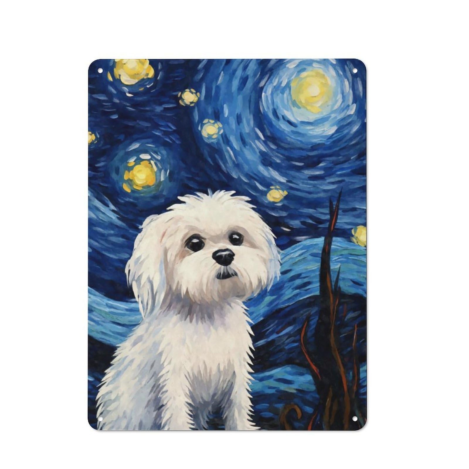 Junmoney Maltese Dog Starry Night Rustic Metal Sign 40X30cm Featuring For Hallway Wall, For Collectors Decorating Hallways And Entrance Areas