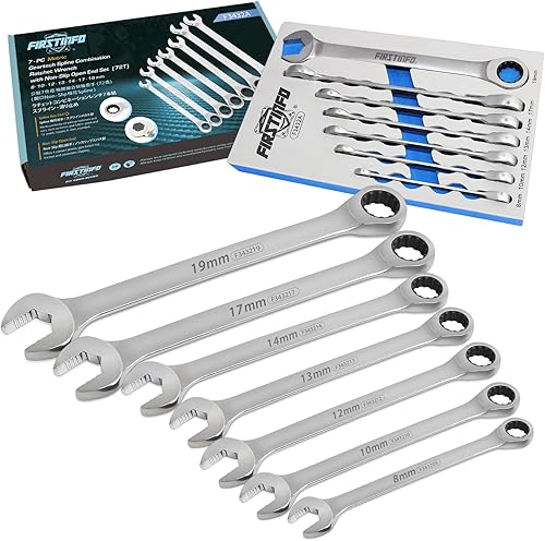 FIRSTINFO F3432A Juego de llaves combinadas de trinquete con extremo de caja métrica antideslizante en forma de V (72T), 7 piezas, bandeja mecánica