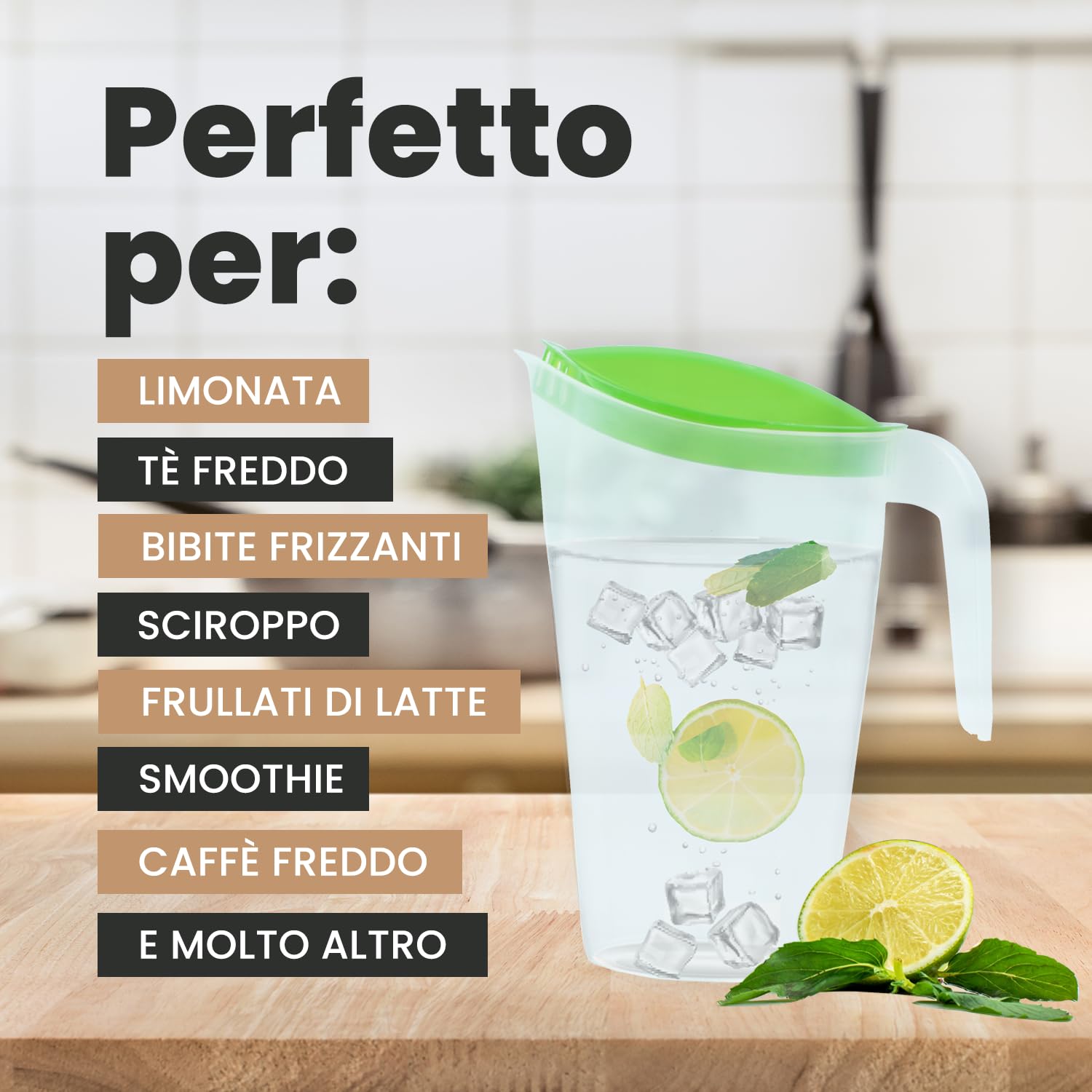 Brocca Per Acqua Trasparente 1,2L Con Coperchio – Caraffa Salvaspazio Per Frigorifero, Bocca Larga 80mm – Senza BPA, Infrangibile – Ideale Per Tè Freddo, Limonata, Succhi, Sangria