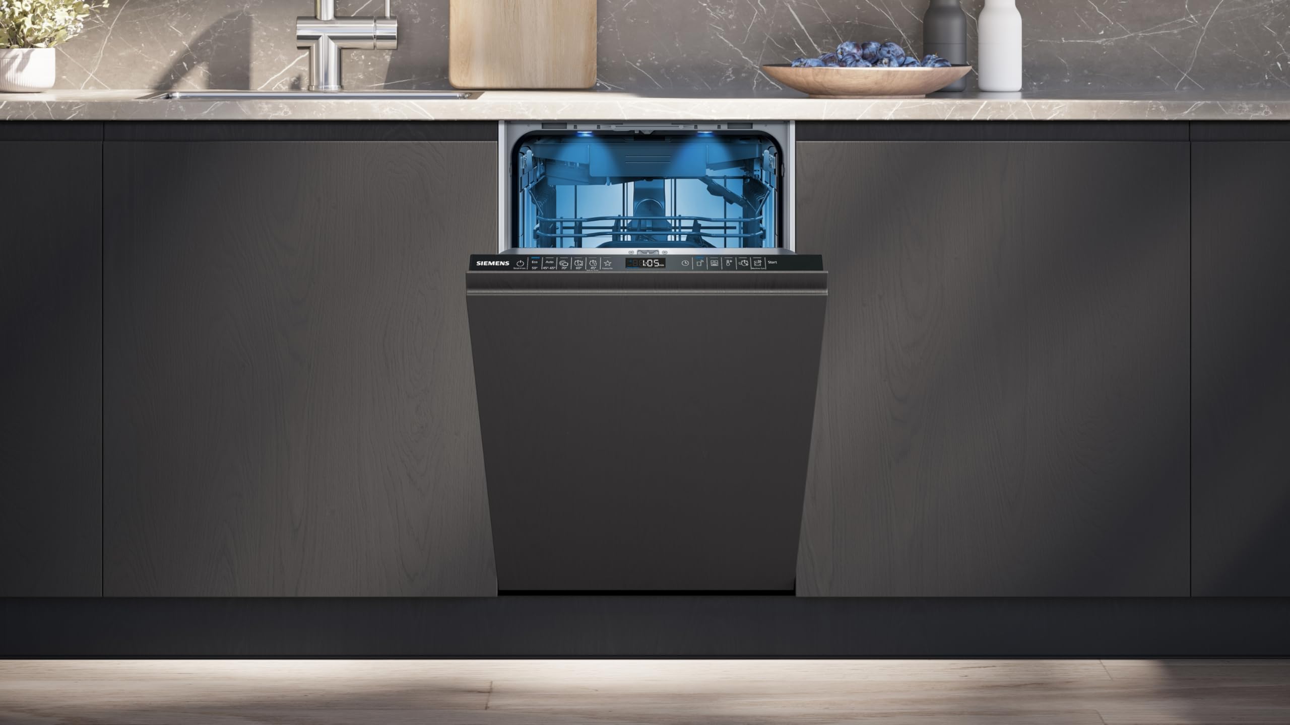 Siemens SR65EX09ME iQ500 Lavavajillas totalmente integrado, 45 cm, varioSpeed Plus, autoOpen dry, smartStart, sistema de cesta VarioFlex Pro, varioCajón, aquaStop, soporte para botellas, timeLight