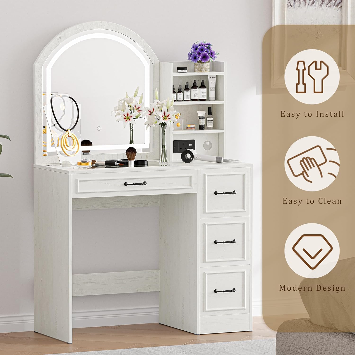 Vanity Desk with Mirror and Lights, Makeup Vanity Table with Side Cabinet, 4 Drawers Dressing Table with Glass Top, Modern Vanity Set with Power Outlet and Large Mirror (AntiqueWhite)