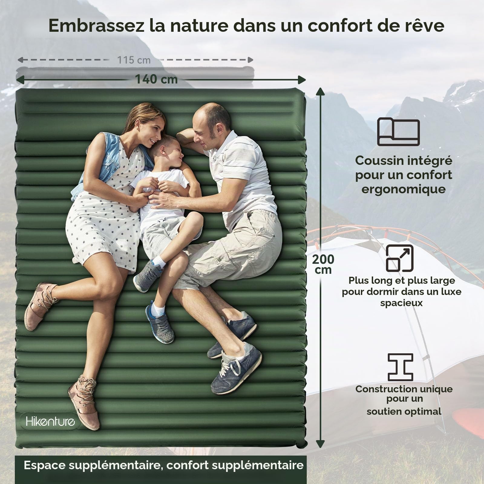 HIKENTURE Matelas de camping pour 2 personnes, 10 cm, double matelas isolant gonflable avec coussin, tapis de couchage de camping autogonflant 140 cm avec pompe à pied, pour camping, extérieur,