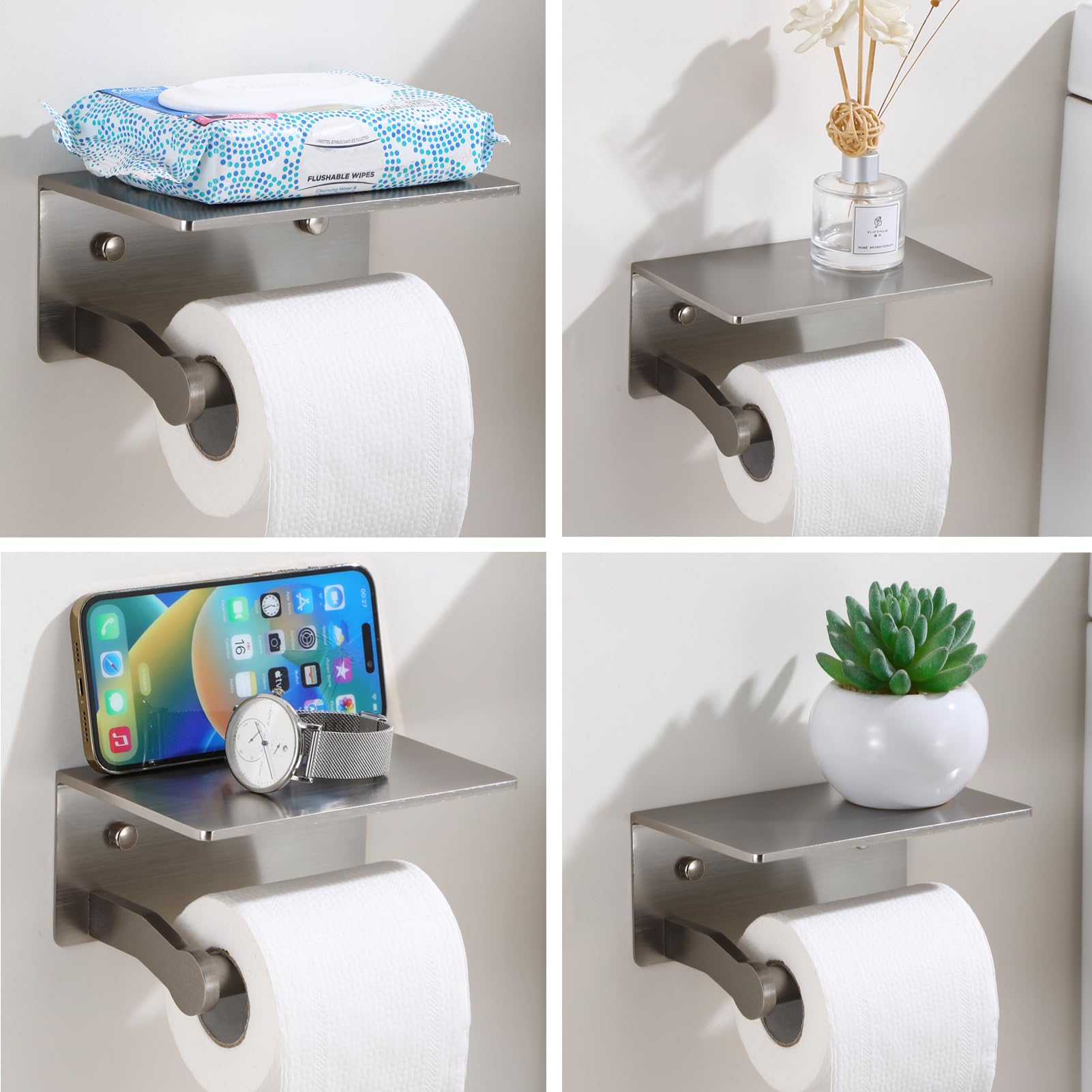 Portarrollos de papel higiénico con estante, adhesivo o tornillo, soporte para rollo de papel higiénico comercial de aluminio sólido inoxidable con almacenamiento, níquel cepillado