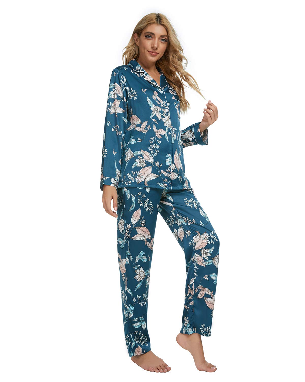 GOSO Pijama para Mujer - Pijama de Manga Larga con Botones para Mujer - Conjunto de Pijama de Manga Larga Floral para Mujer