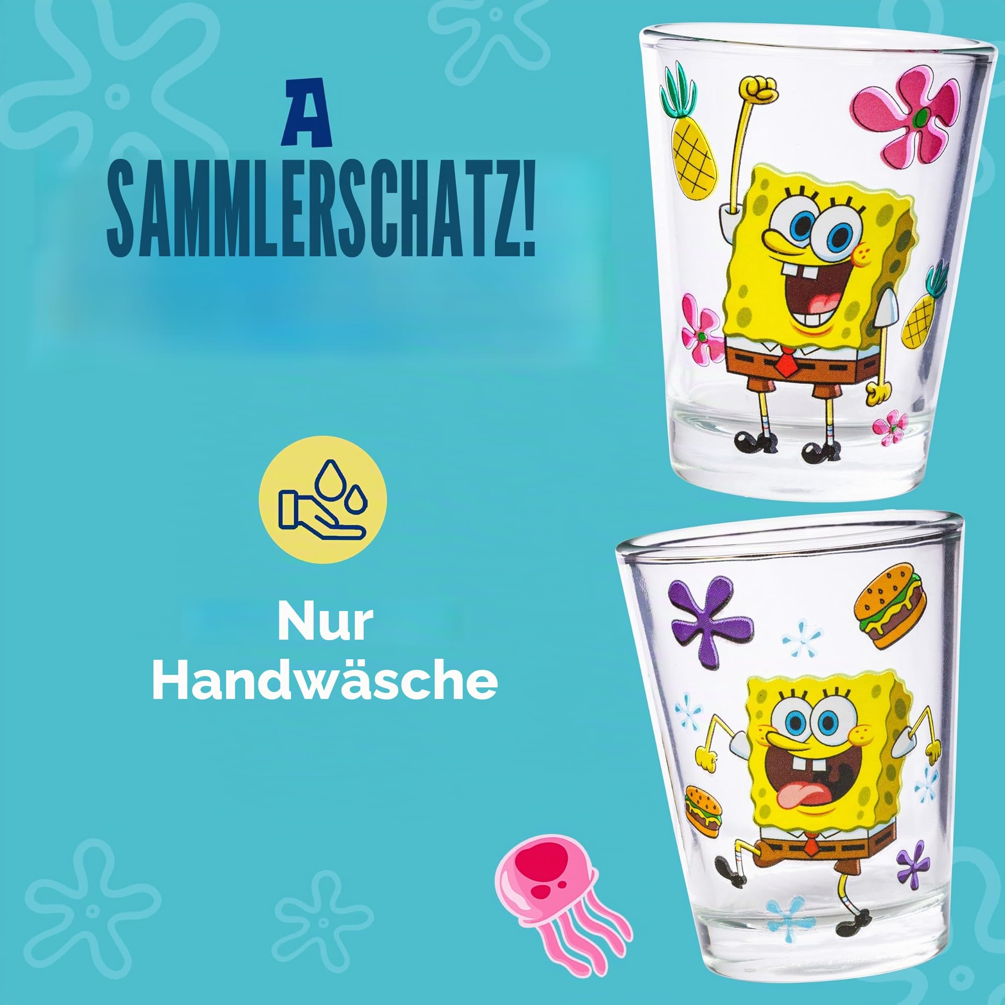 Silver Buffalo SpongeBob SquarePants Poses Floral Krabby Patty Mini-Glas-Set, 42,5 ml, 4 Stück