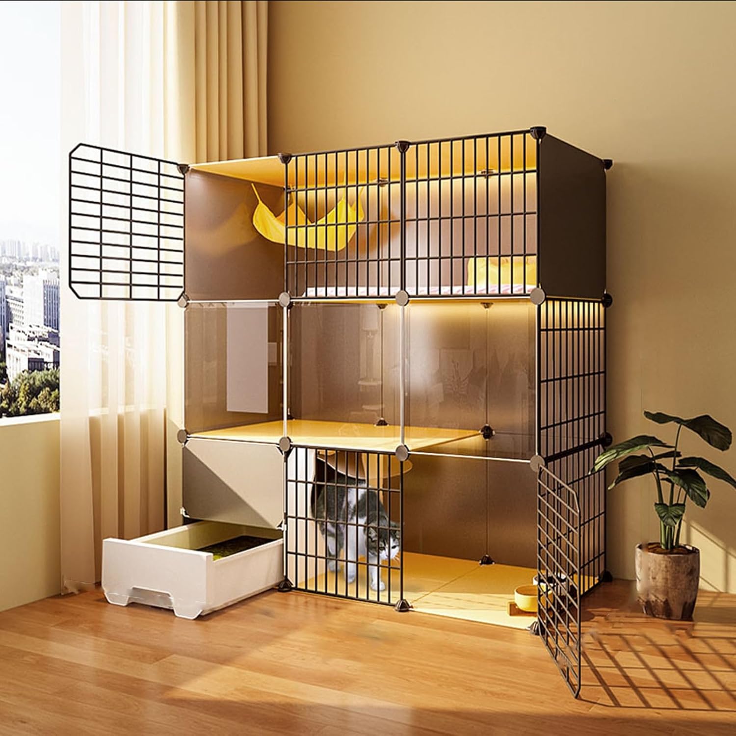 Cat Cage Indoor, Transparent and Visible Cat House with Fully Enclosed Litter Box DIY Small Animal Playpen Multi-Layer Space Portable Metal Wire Pet Enclosure (A 109 * 39 * 107Cm)